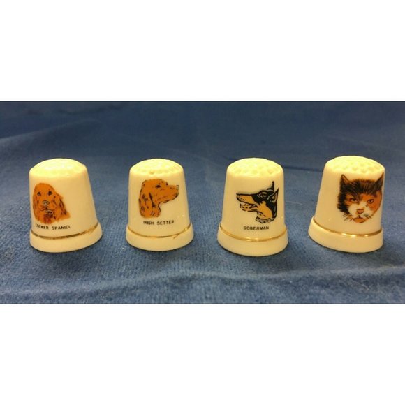 Thimbles Porelain Set of 4 Pets Painted with 3 dogs & 1 Cat - Picture 1 of 5